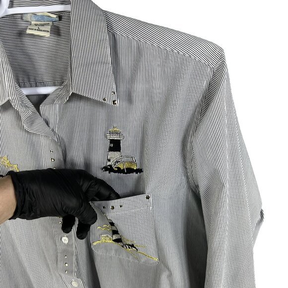 Las Olas Women Shirt L Lighthouse Embroidered Rhinestones Striped Nautical Artsy - Picture 4 of 16